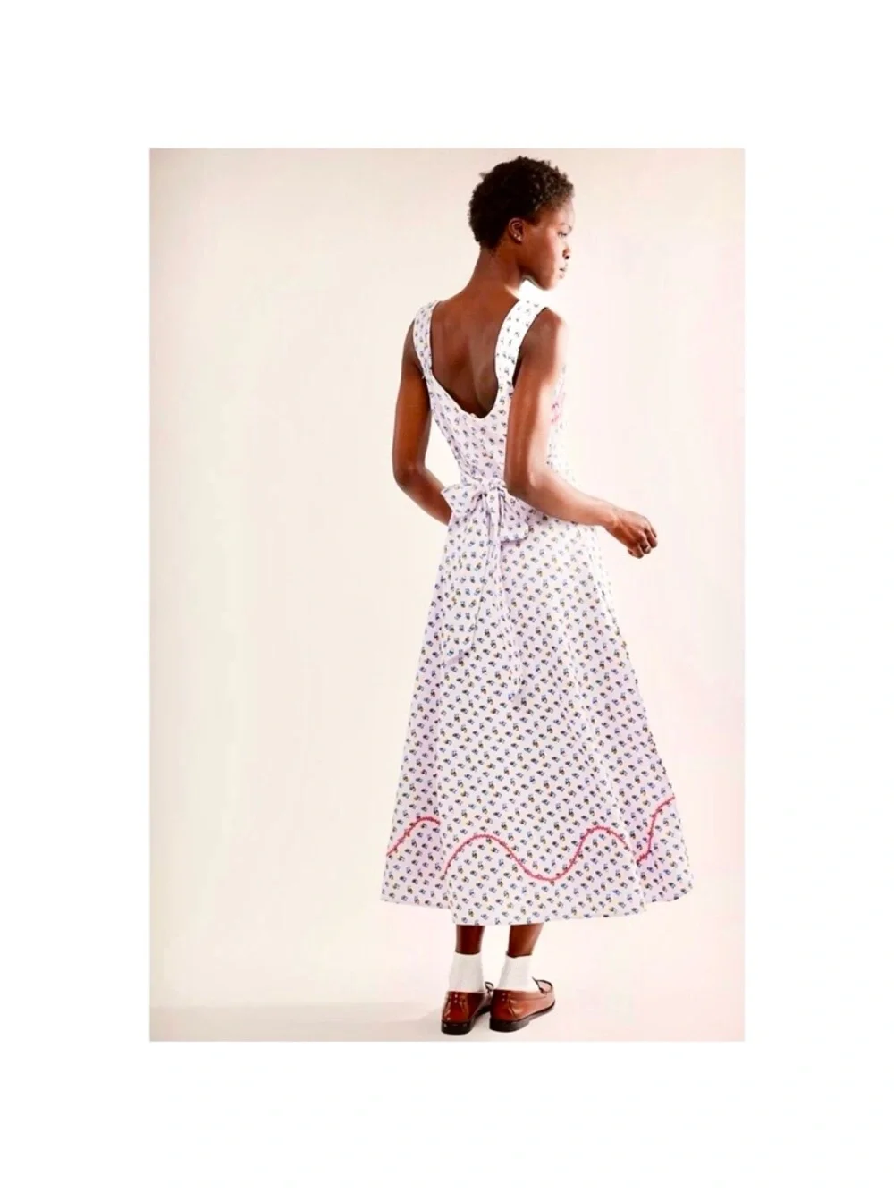 Free People White Midi Dress with Blue Floral Print and Pink Trim